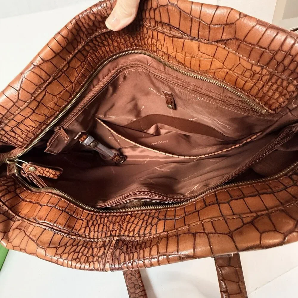 Piquadro Croc-Embossed Italian Leather Laptop Tote Briefcase Expandable Fits 14”